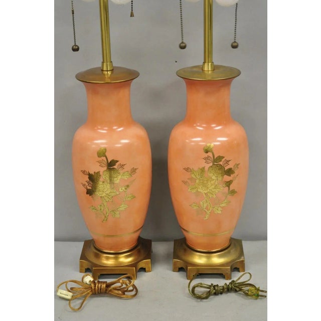 Vintage Marbro Chinoiserie Salmon Coral Pink Porcelain Table Lamps - A Pair For Sale - Image 9 of 12