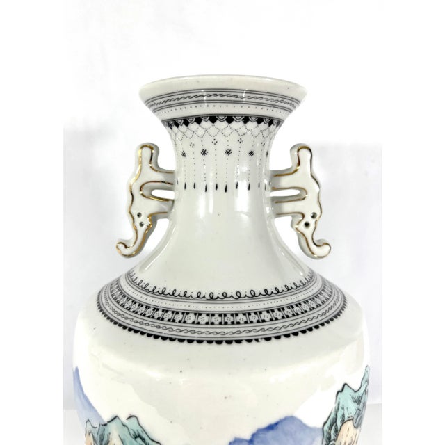 1980s Vintage Chinese White Porcelain Vase With Traditional Mountain & Lake Landscape Scenes For Sale - Image 5 of 8