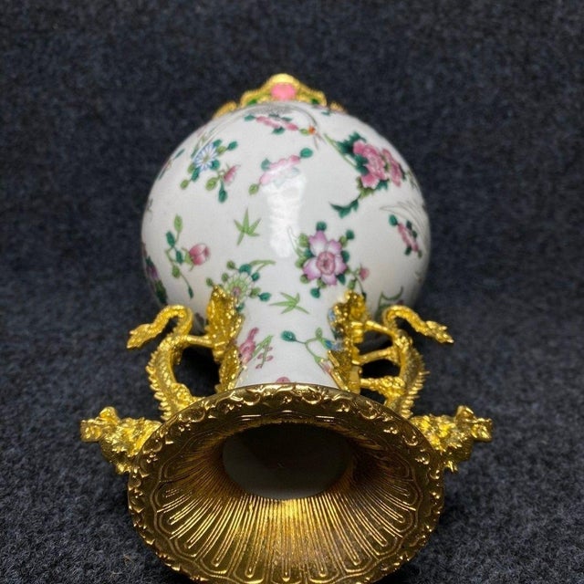 Bronze Vintage Gilt Bronze Mounted Porcelain Vase - Famille Rose Floral Motif For Sale - Image 8 of 9