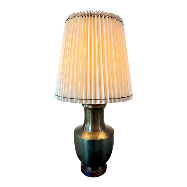 Vintage Mid-Century Modern Hand-Spun Solid Brass Table Lamp With Original Pleated Shade For Sale