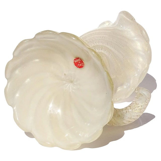 White Vintage Seguso Murano 1950s Gold Flecks Opal White Italian Art Glass Sculptural Cornucopia Flower Vase For Sale - Image 8 of 9