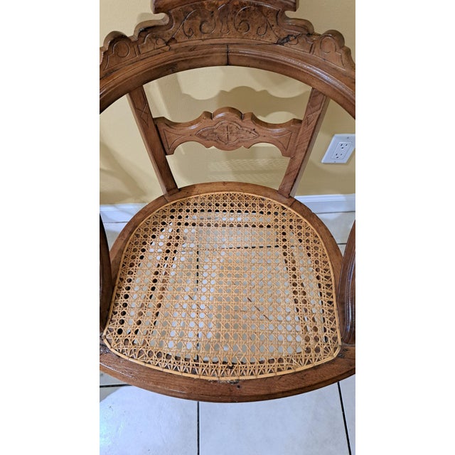 Wood Antique 1800s Wood Chairs Pair Carved Back Recaned Seats Refinished For Sale - Image 7 of 13