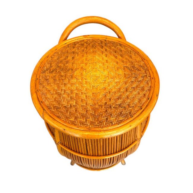 Wood Italian Mid Century Rattan & Bamboo Barrel Bar Cart For Sale - Image 7 of 11