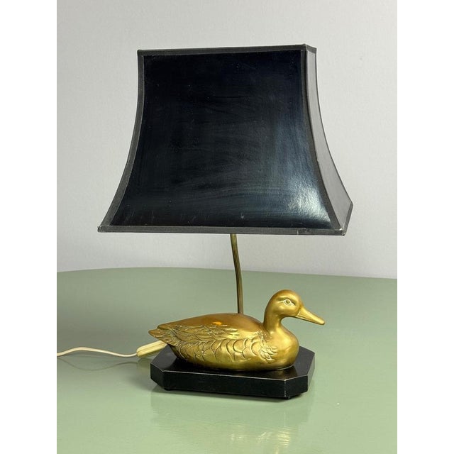 Mid-Century Hollywood Regency Brass Duck Table Lamp with Black and Golden Shade, 1970s For Sale - Image 9 of 10