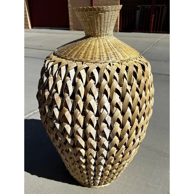 West Elm Large Woven Rattan Decorative Vase For Sale - Image 4 of 6