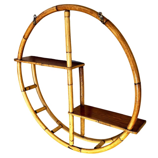 Mid-Century Modern Restored Mid-Century Circular Rattan & Slat Mahogany "Skeleton" Wall Shelf For Sale - Image 3 of 9