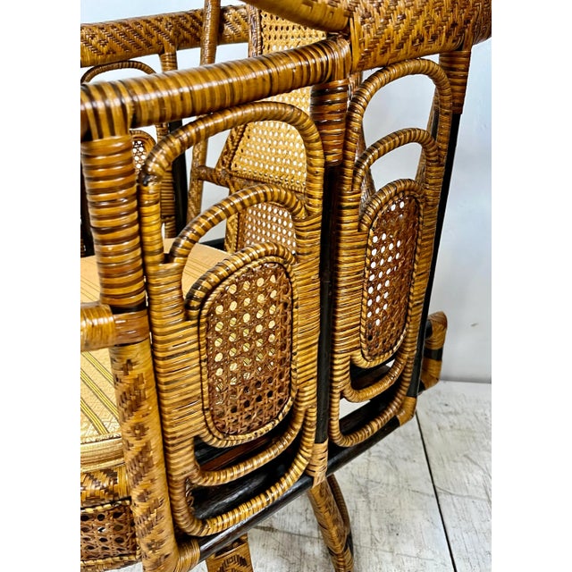 Wood Vintage Ornate Rattan Woven Caning Swivel Chairs- a Pair For Sale - Image 7 of 12