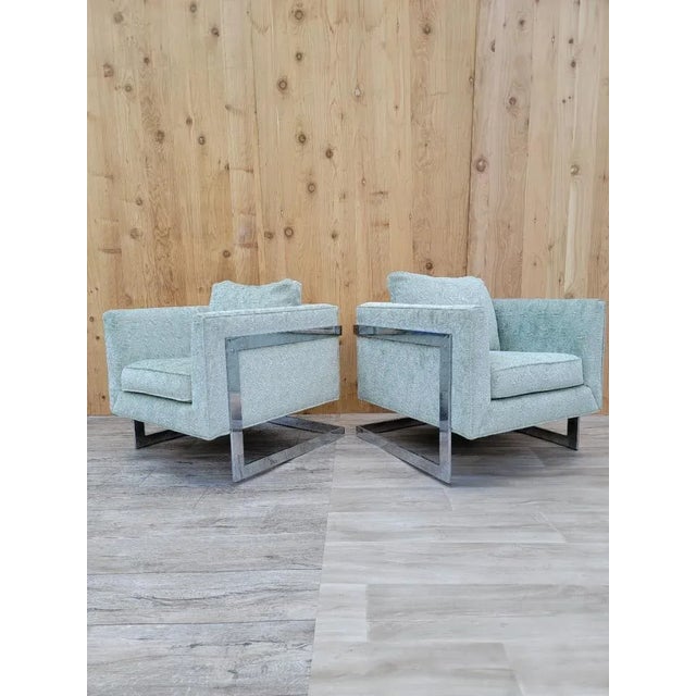 Mid Century Modern Milo Baughman Chrome Flat Bar Floating Cube Lounges Newly Reupholstered in a High End Diamond Patterned...