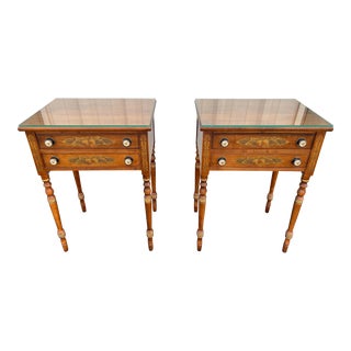 L. Hitchcock Two Drawer Harvest Stenciled Maple Accent Tables or Nightstands- a Pair For Sale
