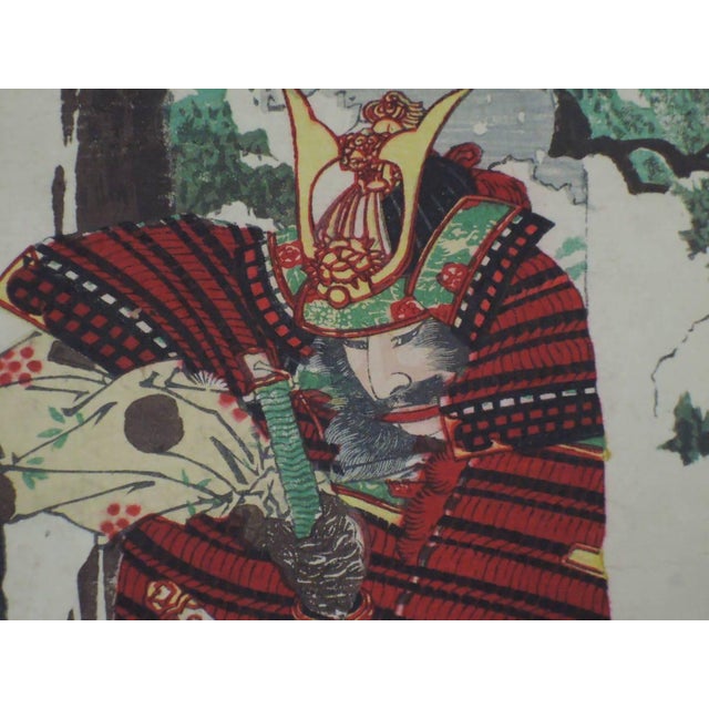 1882 Toyoyoshi Triptych | Tadanobu's Disguised Ride on Snowy Mt. Yoshino | Antique Meiji Print For Sale - Image 9 of 9