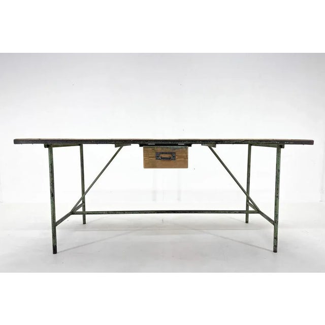 Industrial Vintage Industrial Iron and Wood Table with Drawer, 1950s For Sale - Image 3 of 12