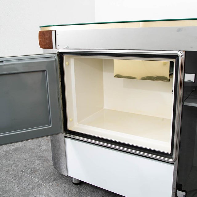 Metal Mid Century Modern Bar Cabinet Mirrored 1970s Fridge Italy Willy Rizzo Suede MCM For Sale - Image 7 of 10