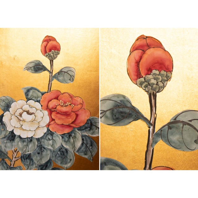 Wood 1970s "Chrysanthemums and Sparrows", Antique Style Chinoiserie Painted Screen For Sale - Image 7 of 18