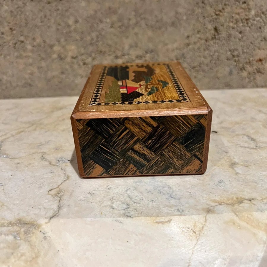Mid-Century Modern Japanese Secret Puzzle Box Wood Inlay Mt Fuji