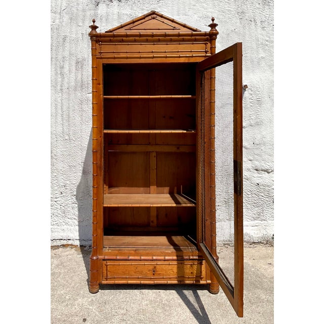 Vintage Coastal Carved Bamboo Wire Front Armoire For Sale In West Palm - Image 6 of 11