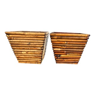 Vintage Stacked Bamboo Reed Tapered Square Cachepots — A Pair For Sale