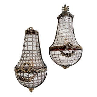 French Empire Style Basket Wall Sconces in Bronze and Crystal, 1920s, Set of 2 For Sale