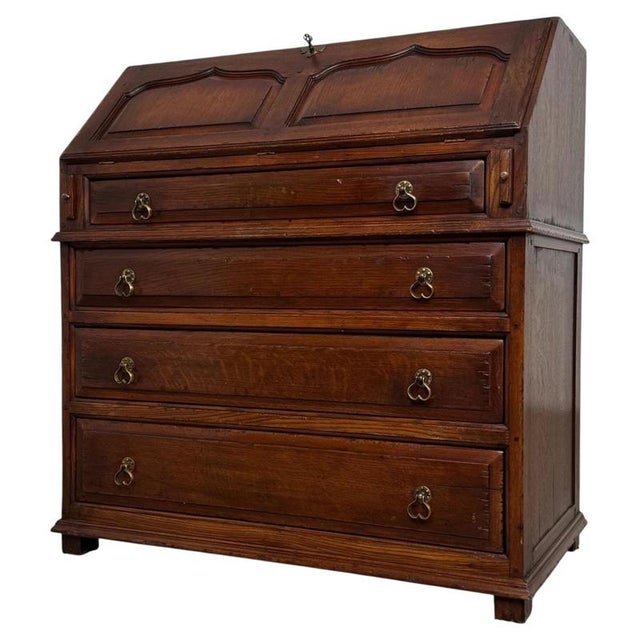 Metal Antique Early 20th Century English Oak Bureau with Fitted Interior For Sale - Image 7 of 14