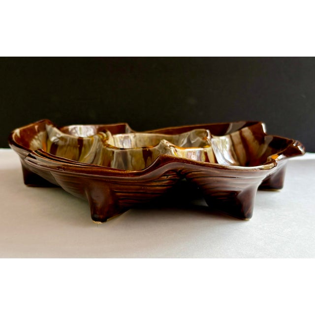 1960s Mid-Century Modern California Pottery Orange & Brown Drip Glaze Divided Serving Dish For Sale In Miami - Image 6 of 9