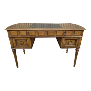 Mid 20th Century Drexel Esperanto Spanish Revival Fruitwood Black Leather Inset Top Desk