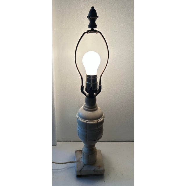 13" to top of socket, 3.5" wide. Antique Italian Carved Alabaster Urn Table Lamp. Original push button socket. Harp and...