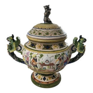 Vintage Majolica Style Covered Tureen With Gnomes and Wing Gryphon Handles For Sale