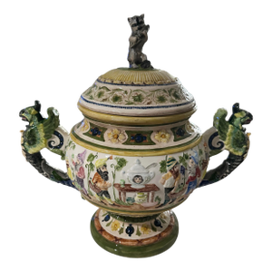 Vintage Majolica Style Covered Tureen With Gnomes and Wing Gryphon Handles