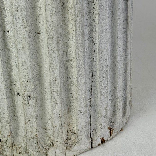 American Stupendous Architectural Salvaged & Distressed Chunky Wooden Fluted Display Pedestal Column With Original White Paint For Sale - Image 3 of 7