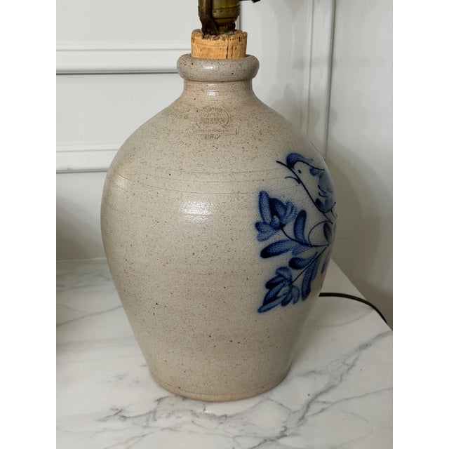 Vintage Rowe Pottery Works Salt Glazed Stoneware Cobalt Blue Bird Jug Table Lamp 25" For Sale - Image 9 of 18