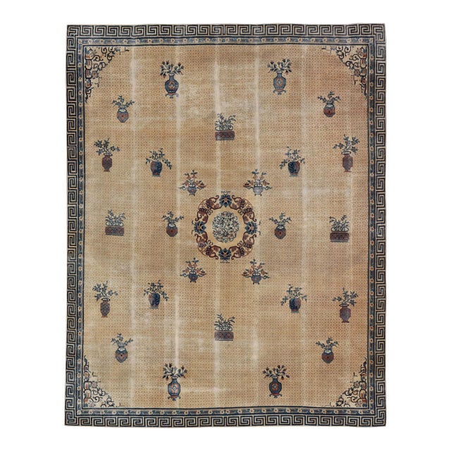 Antique Chinese Peking Pile Rug in Beige and Blue Floral Design 15' X 18'5" For Sale