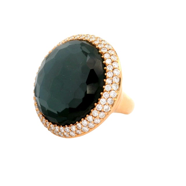 Early 21st Century Quartz Black Onyx Diamond 18k Yellow Gold Double Halo Cocktail Ring, Size 6.5 For Sale - Image 5 of 6