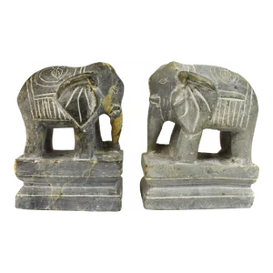 Mid 20th Century Heavy Solid Carved Stone Elephant Bookends - a Pair