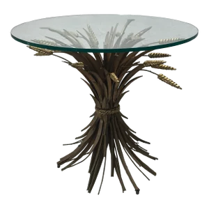 1960s Designer Style Round Side Table Gilt Iron Sheaf of Wheat Glass Top Italy
