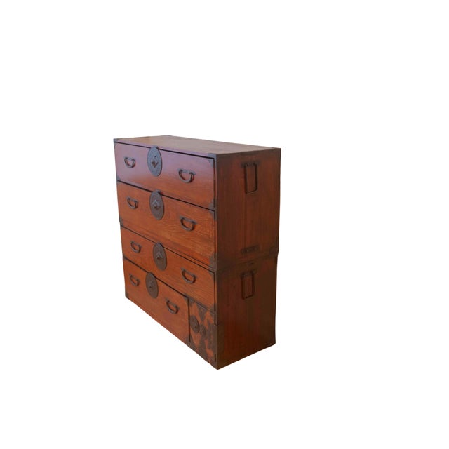 Japanese Antique Japanese Keyaki Tansu Chest, Edo–Meiji Period, 4 Drawers in Two Stackable Sections With Iron Hardware For Sale - Image 3 of 4
