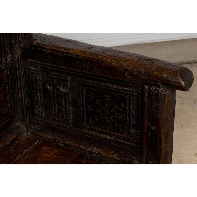 18th Century Spanish Rustic Oak Bench With Carved Panels and Dark Patina For Sale - Image 11 of 18