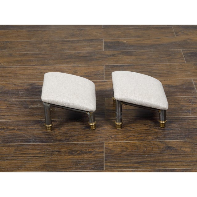 Late 20th Century Pair of Vintage French Steel and Brass Footstools with Custom Linen Upholstery For Sale - Image 5 of 11