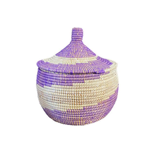 African Colorful Basket W/ Lid Senegal West Africa 14" H For Sale - Image 3 of 5