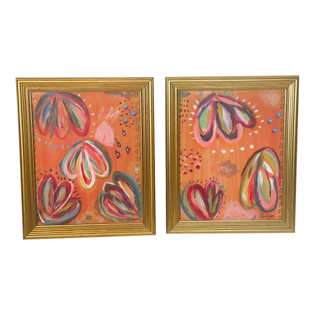 1970s Charming Pair of Colourful Abstract Mixed Media Paintings Framed For Sale