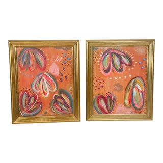 Pair of Colourful Abstract Mixed Media Paintings Framed For Sale
