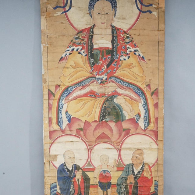 Brown Large Antique Chinese Deity Scroll Painting 19th Century For Sale - Image 8 of 12