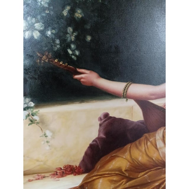 Wood 1990s Large Original Regency Fine Art Studio Painting “Woman With Lute” by Talach – Framed 60 X 47 For Sale - Image 7 of 15