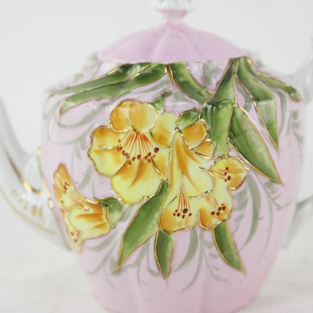 Vintage Pink Floral Teapot With Yellow Blossoms and Green Leaves – Hand-Painted Porcelain Teapot, Collectible Art Deco Style For Sale - Image 10 of 11