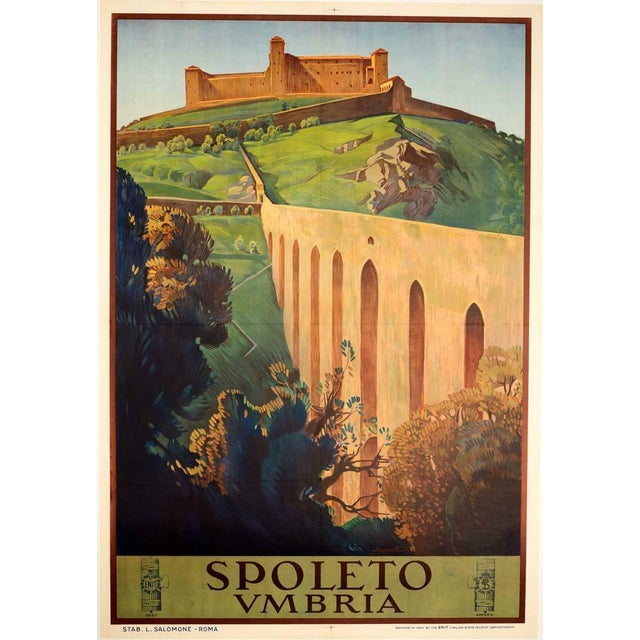 Spoletto in Umbria by Cesare Simonetti 1927 on linen excellent original printing Cesare Simonetti designed the Spoleto /...