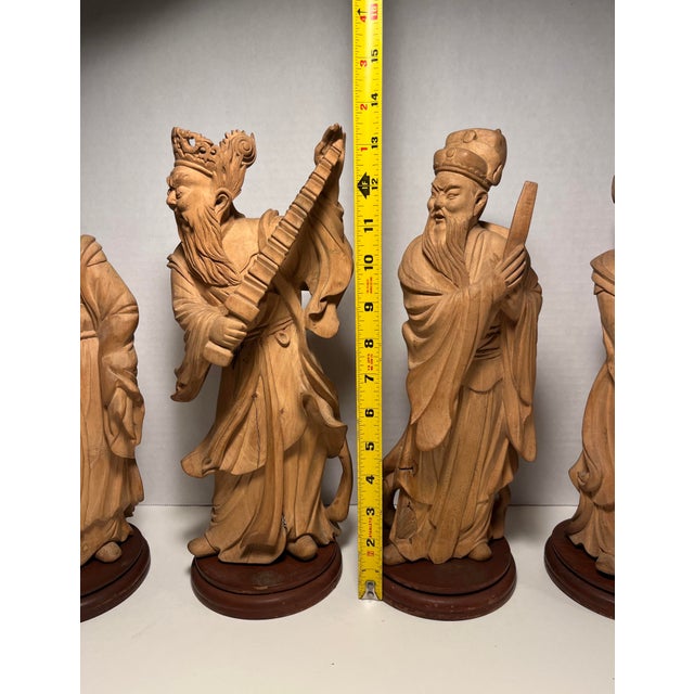 1940s Republic Era Chinese Hand Carved Wood Immortals Statues- Set of 4 For Sale - Image 10 of 12