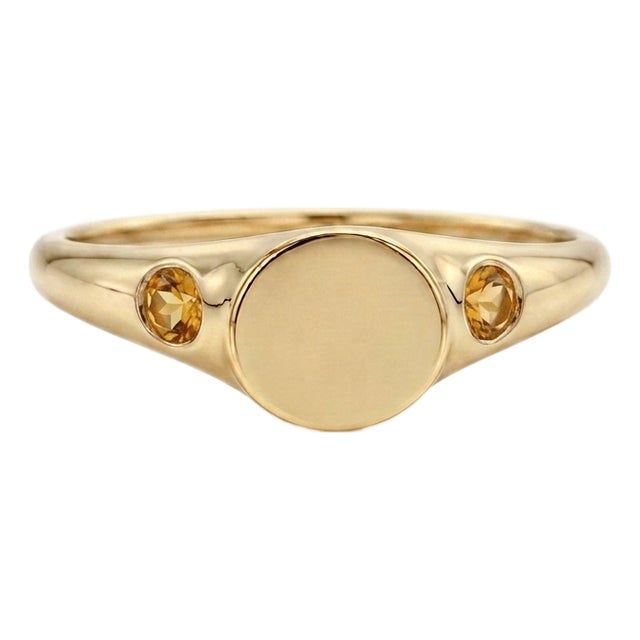Golden Citrine Signet Ring | 18k Yellow Gold Plated Blank Disc Band | Minimalist November Birthstone Ring Us 7 For Sale