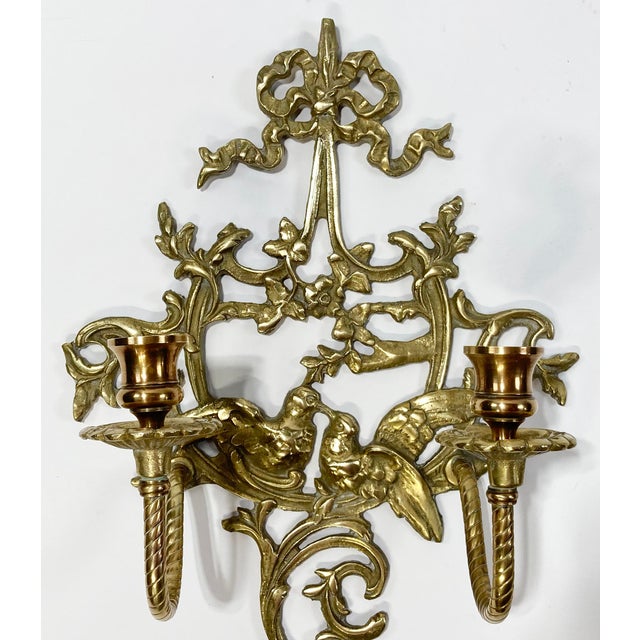Mid 20th Century Vintage Brass Lovebird Wall Mount Candle Sconces, a Pair For Sale - Image 5 of 8