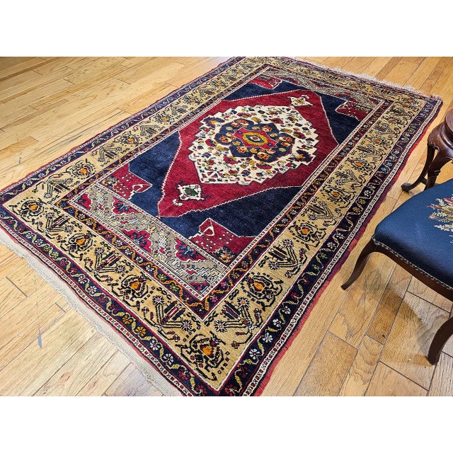 Red Vintage Turkish Oushak Area Rug, Hand-Knotted Geometric, Navy & Red, 6' x 9' For Sale - Image 8 of 17