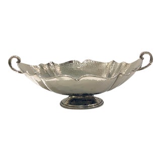 Large Hammered Polished Nickel Bowl With Handles For Sale