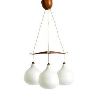 Pendant Lamp with Three Opal Glass Shades and Teak Frame by Uno & Östen Kristiansson for Luxus Vittsjö, Sweden, 1957 For Sale