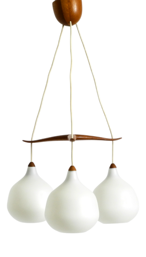 Pendant Lamp with Three Opal Glass Shades and Teak Frame by Uno & Östen Kristiansson for Luxus Vittsjö, Sweden, 1957
